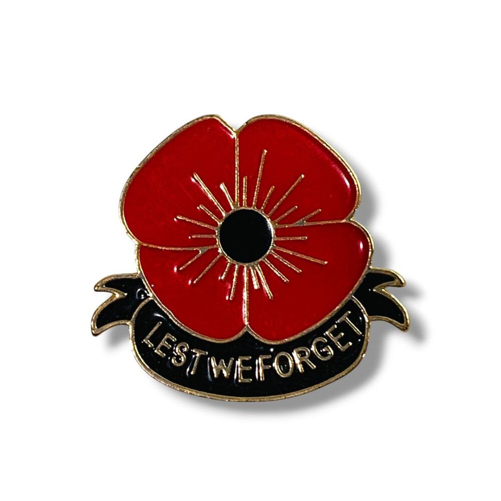 Lest We Forget Red Poppy Black Enameled Pin Brooch 2"